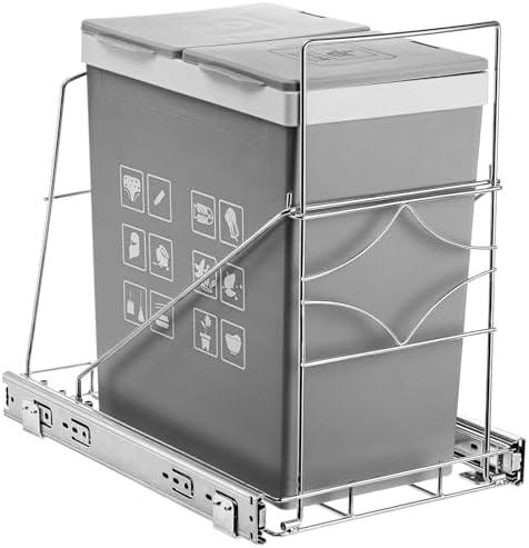 Youeon Pull Out Trash Can Under Cabinet, Adjustable Stainless Steel Under Sink Trash Can Pull Out, Slide Out Garbage Shelf, Fit for 7-11 Gallon Trash Can(Not Included)