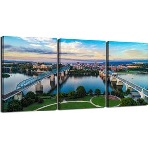 Chattanooga Skyline Wall Decor Tennessee Wall Art Walnut Street Bridge Painting Modern Urban Picture River Scenery 3 Piece Poster HD Canvas Print Frame for Home Decor Ready to Hang(48''Wx22''H)