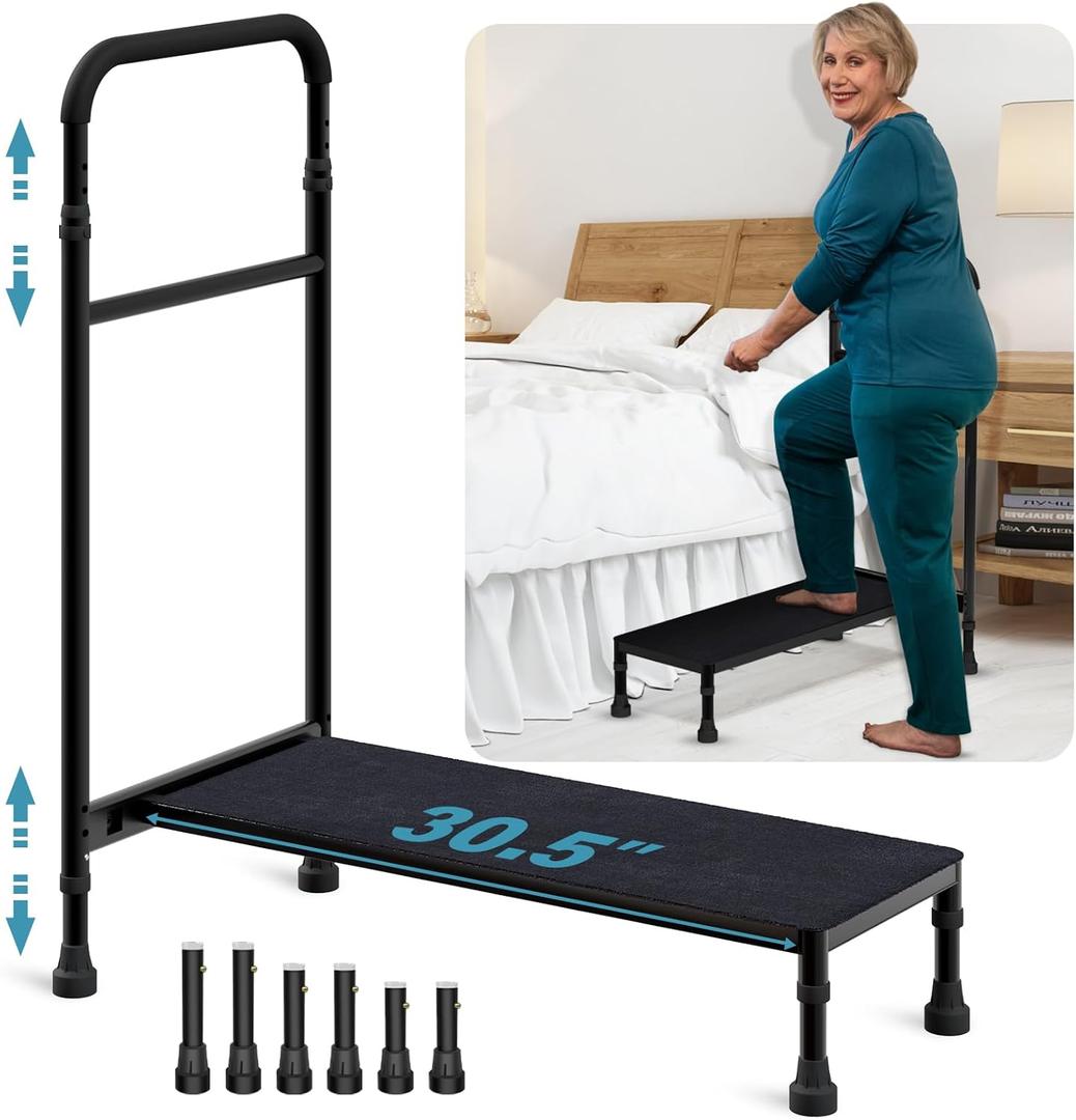Bed Step Stool with Handle for Elderly Adults, 30.5" Long Bedside Step Stools for High Beds with Adjustable Height Handrails, Medical Heavy Duty Stepping Stool for Bedside, Step, SUV, Bathtub (4-Leg)