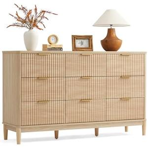 LINSY Fluted Dresser for Bedroom with 9 Drawers, Mid Century Modern Chest of Drawers with Gold Metal Handles, Wide Boho Wood Dressers, Large Farmhouse Storage Cabinet for Bedroom, Living Room, Oak