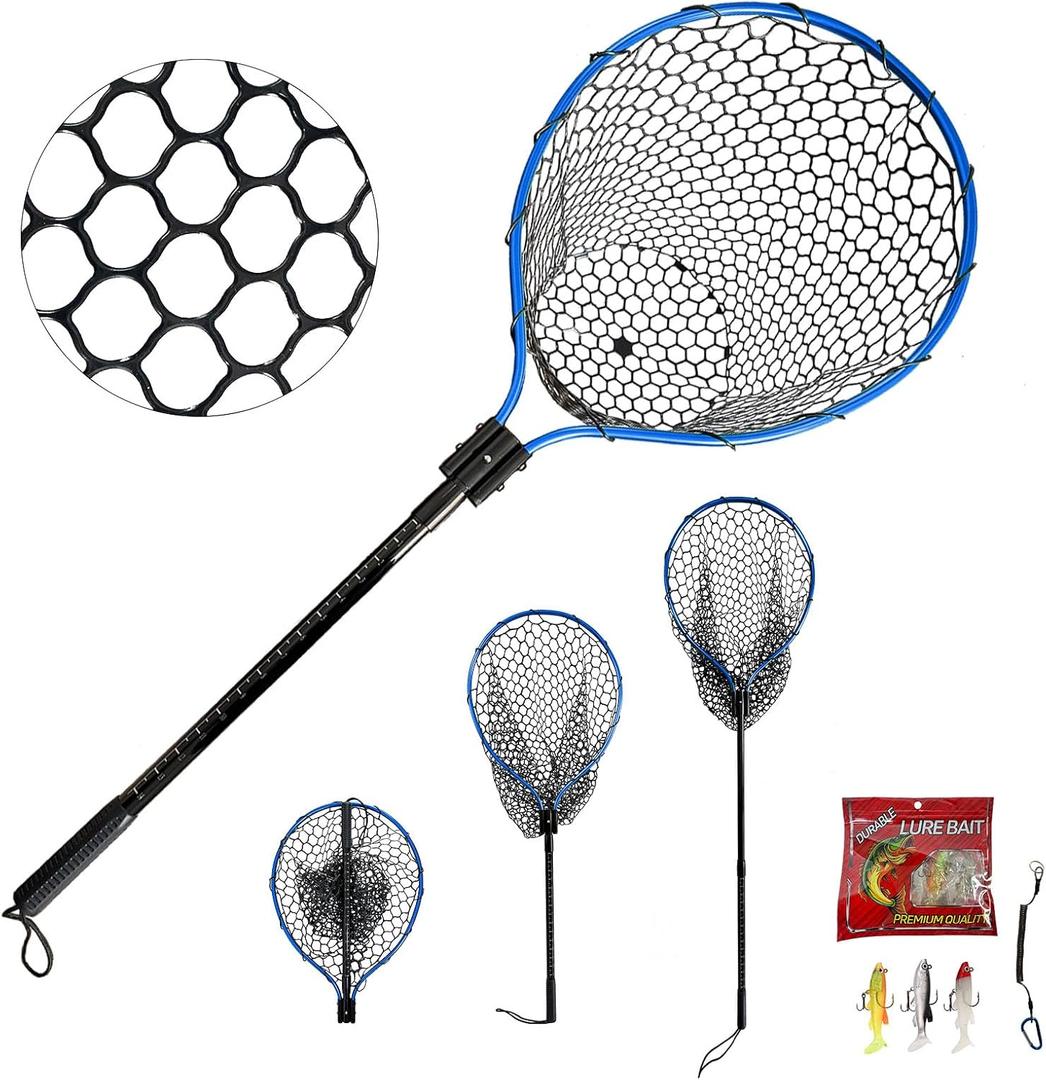Large Fishing Net with Handle High Strength Landing Net Long Telescoping Rubber Fish Net Extendable Dip Net for Fishing Ideal for River Angling Pier Boat, 2-section-65inch