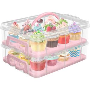 Cake Carrier with Lid, Two Tier Handle Cupcake Carrier, Stackable Cupcake Holder Container for 24 Cupcakes, Cake Carrier with Trays, Dessert Container for Cake Pie Muffin Cobbler, Pink