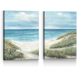 Artitude Beach Wall Art Canvas Decor: Coastal Ocean Picture Painting Modern Sea Scene Seascape Prints Set of 2 Seaside Seashore Artwork for Bathroom Bedroom Living Room Home, 24"x18" 2pcs
