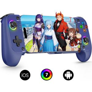 Mocagen MC1 Phone Controller for iPhone(All Model)/Android - Hall Effect Joystick, Enhanced Grip, Case-Friendly, Mobile Gaming Controller with 7 Lights Color, Travel Dust Bag, Turbo, Triggers(Blue)
