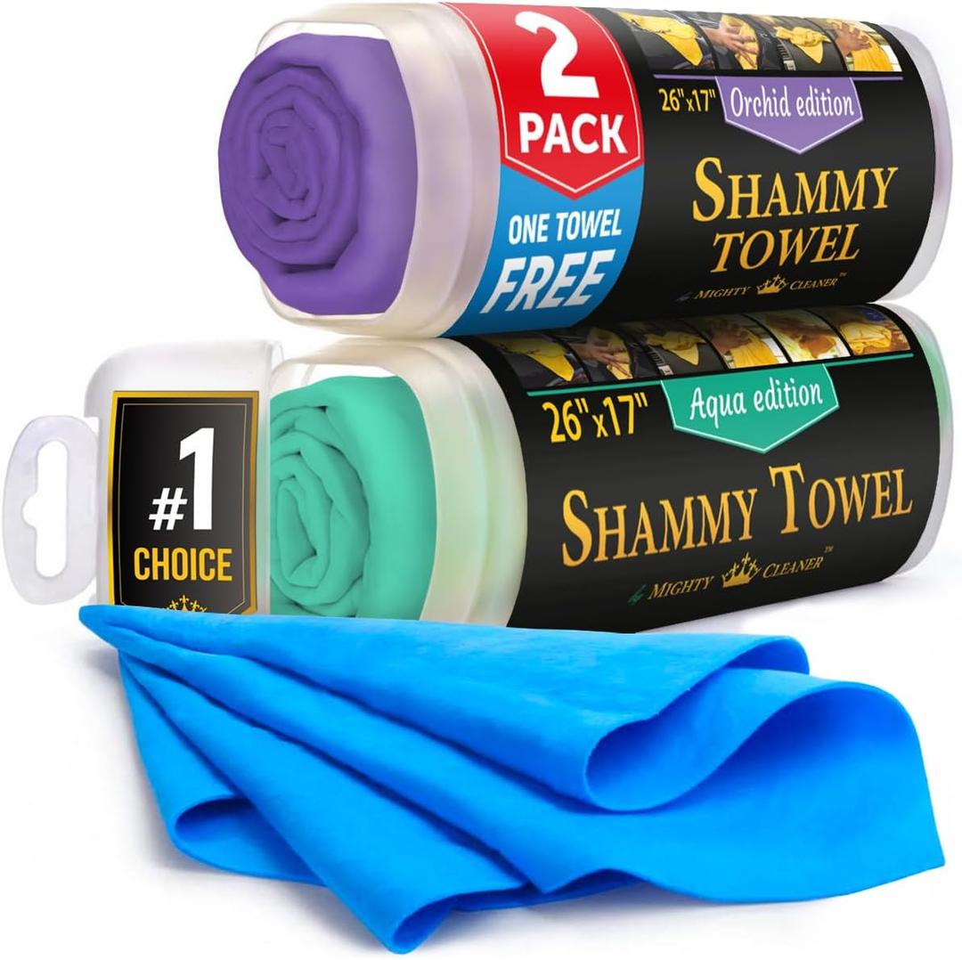 Premium 2pk +1 Free Shammy Cloth for Car Drying - 26"x17" - Super Absorbent Chamois Towel - Scratch-Free, Reusable & Soft Wash Cloth - Car Drying Towels (Purple, Blue, Mint)