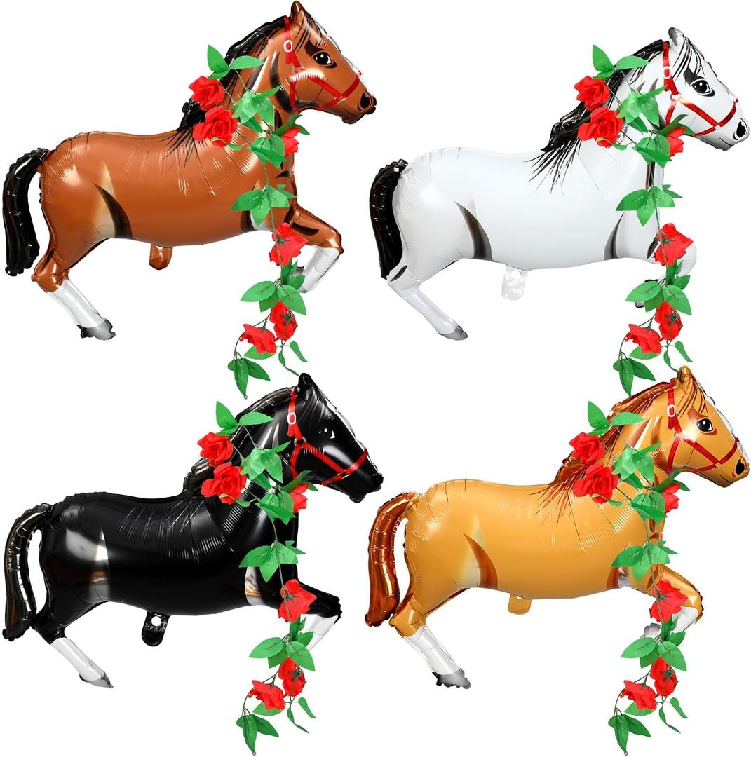 Gejoy 8 Sets 30 Inches Derby Horse Balloon with 52FT Artificial Roses Vine Aluminum Foil Inflatable Horse Party Decoration Western Cowgirl Themed Balloons for Cowboy Birthday Baby Shower Party Decor