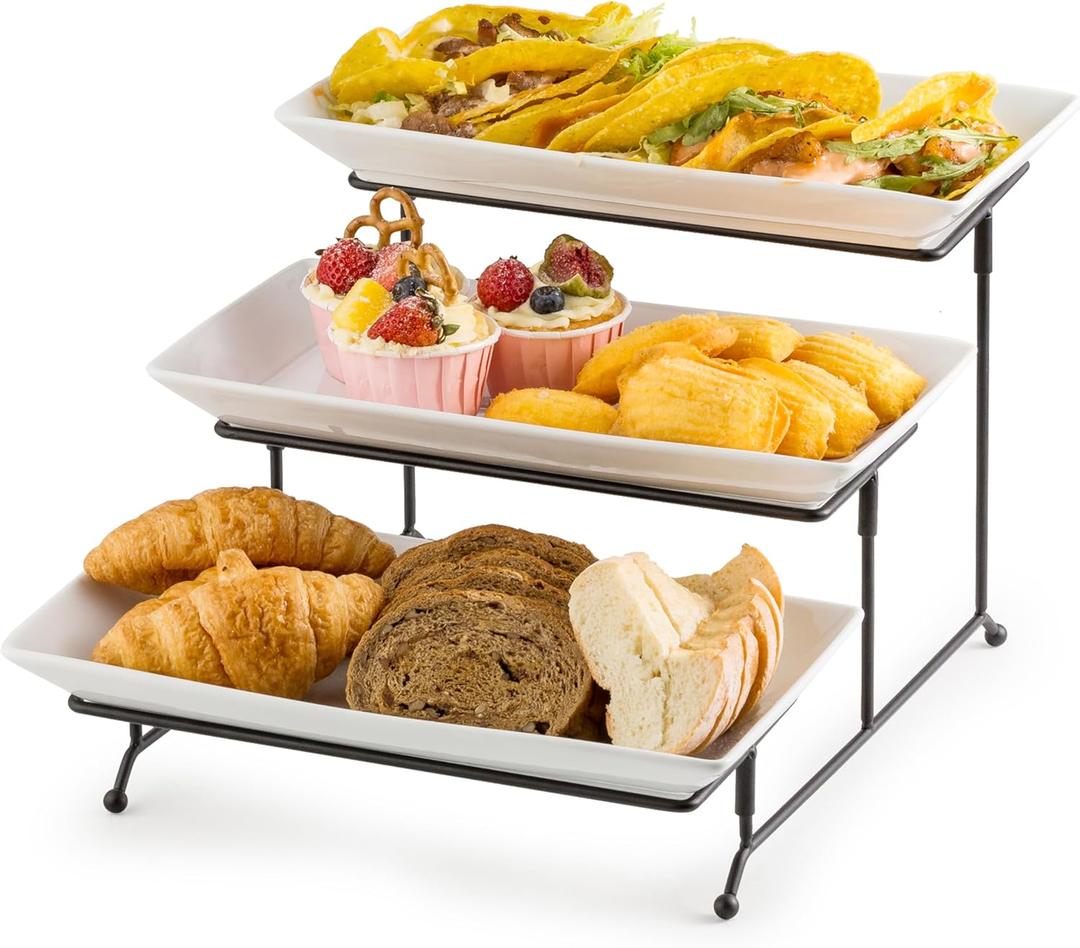 Gomakren 3 Tier Serving Trays Stand Porcelain Serving Platters 12 Inch White Serving Plates Dinner Platters for Appetizer Snack Fruit Cup Cake Tray Display Christmas Serving Dishes for Entertaining (15.9" x 11.7" x 9.1", Black)