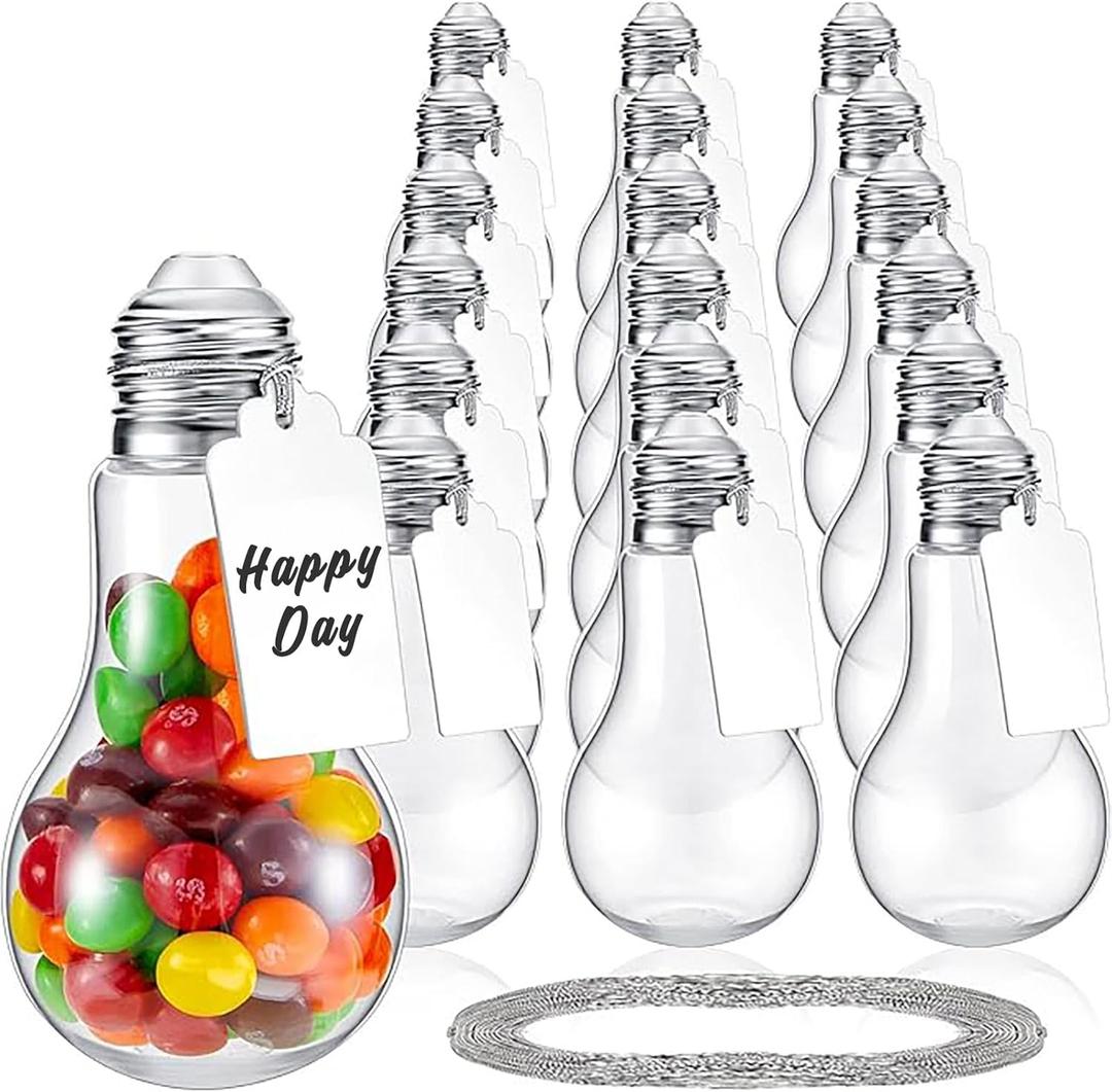 48 Pieces 100 ML Plastic Light Bulb Jars with Card and String, Light Bulb Candy Containers Clear Candy Jars Fillable Lightbulb Ornaments for Christmas Crafts Party Favors(Silver)