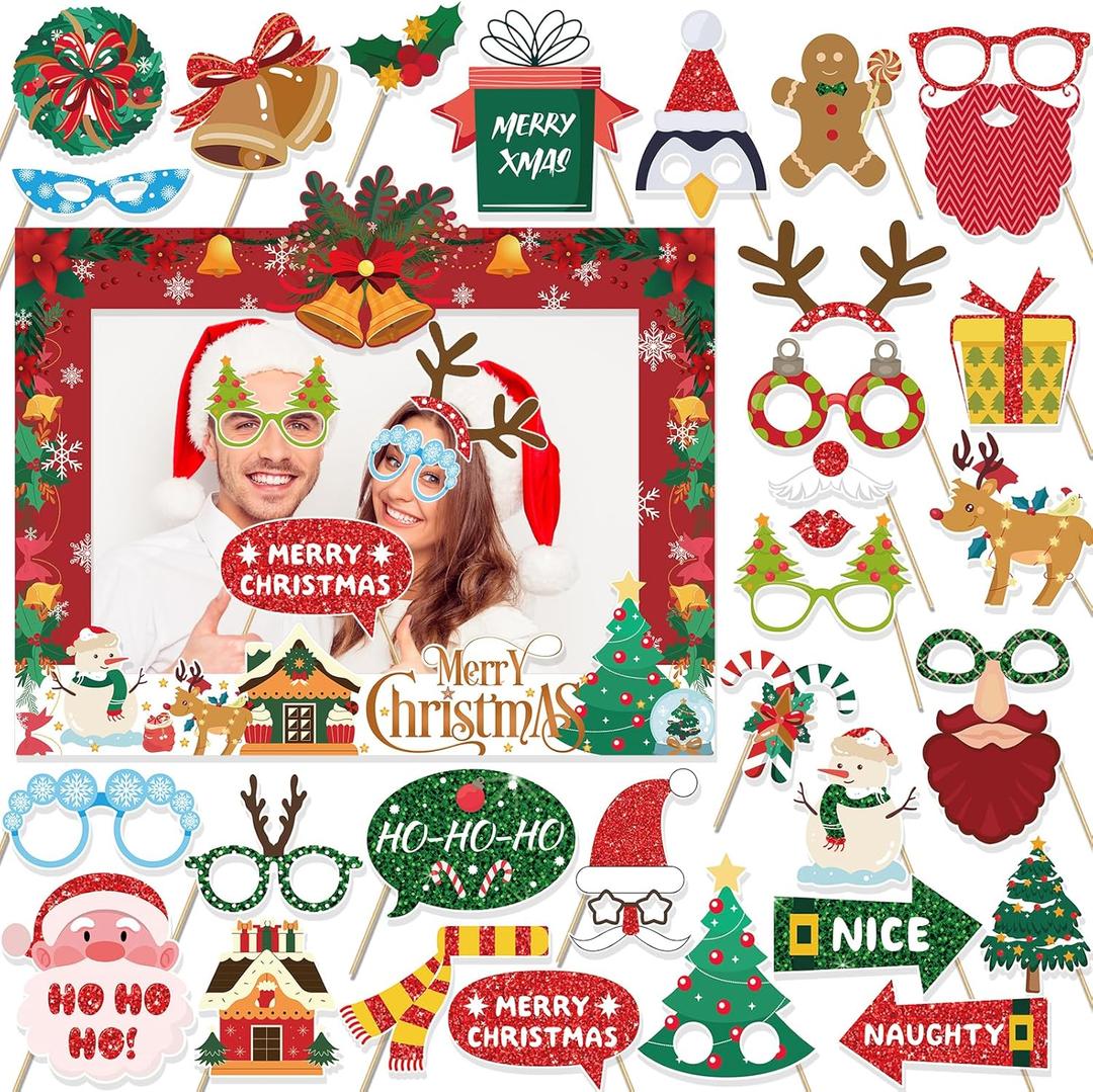 HOWAF 30 Pcs Christmas Photo Booth Props Party Decorations with Photo Frame, Funny Santa Gingerbread Photo Props for Xmas Holiday Party Decoration, Xmas Selfie Frame Photo Props