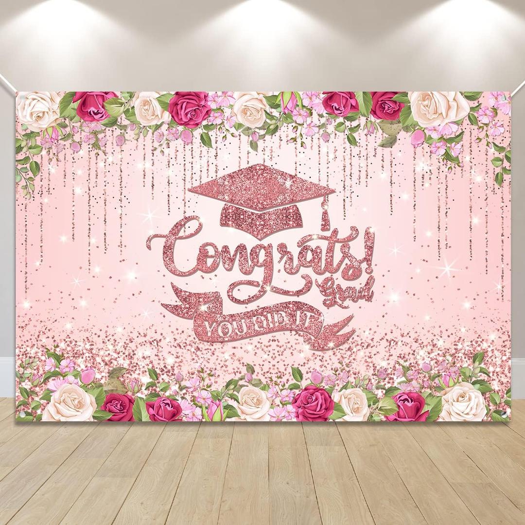 Pink Graduation Decorations Class of 2025 Graduation Backdrop Rose Gold Congrats Grad Banner Photo Booth Prop for College Grad Party Decorations