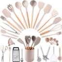 34PC Kitchen Utensils Set - Silicone Cooking Utensils with Wooden Handles - Heat-Resistant - Nonstick Cookware Safe - Complete Set for Every Kitchen (Khaki)