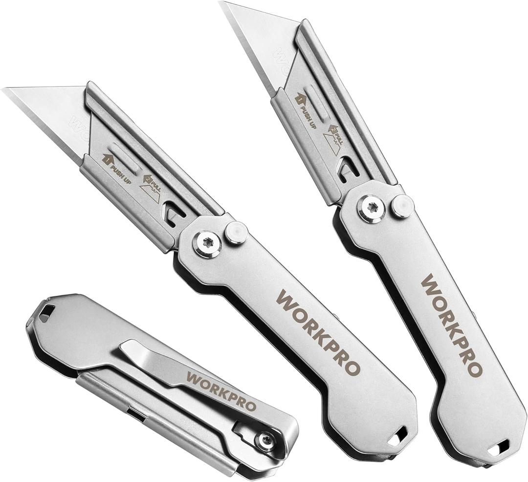 WORKPRO 3-Pack Folding Utility Knife, Quick Change Blades Box Cutter, EDC Foldable Pocket Utility Knife Sets with Belt Clip (Silver-stainless Steel)