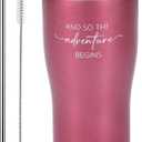 And so the Adventure Begins Tumbler for Graduation, New Job Coffee Travel Mug - Vacuum Insulated Stainless Steel Cup with Straw for Going Away Gifts (Rose Gold)
