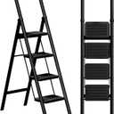 4 Step Ladder Folding Iron Step Stool Stepladders with Anti-Slip and Wide Pedal for Home and Kitchen Use Space Saving (Black)