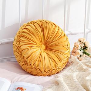Drydiet 1 Pcs Round Throw Velvet Pillows Decorative Pleated Throw Pillows Diameter Accent Pumpkin Boho Chair Cushion for Couch Sofa Home Decoration (Yellow,15'')