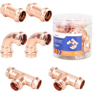 (Znkiok® 6 Pack Set)3/4" Copper Press Fittings Zero Lead,2 Each 3/4 Inch Press Coupling With Stop,Press 90 Degree Elbow,Press Tee,UPC,NSF/ANSI 61 Certified.