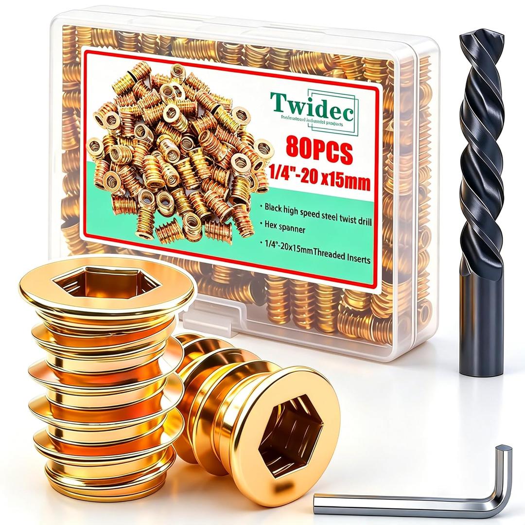 Twidec/80PCS 1/4"-20 Threaded Inserts for Wood Furniture Screw-in Nut Wood Inserts Bolt Assortment Kit with M6 Hex Wrench (1/4"-20 x15mm) N-059