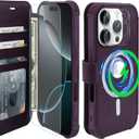 VANAVAGY Compatible for iPhone 16 Pro Max Wallet Case for Magsafe Wireless Charging, PU Leather Flip Case Wrist Strap [Screen Protector & Camera Lens Protector] with RFID Blocking Card Holder,Purple