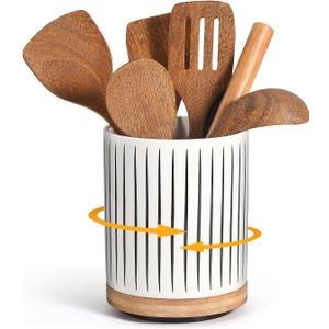 360 Rotating Ceramic Utensil Holder for Countertop, 7.9 Inch Extra Large Crock for Kitchen Utensils, Morden Organizer for Cooking Tool, Kitchens Decor