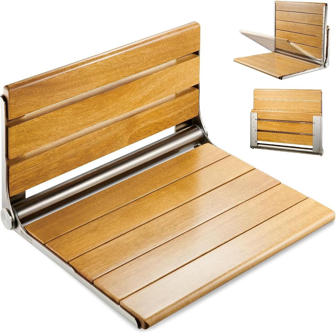 [Upgraded Version] 20" Folding Teak Shower Seat Wall Mounted- Shower Bench for Inside Shower, ADA Compliant Teak Shower Seat Wall Mounted Bench Bathroom Stool, Folding Bathtub Shower Seat for Elderly