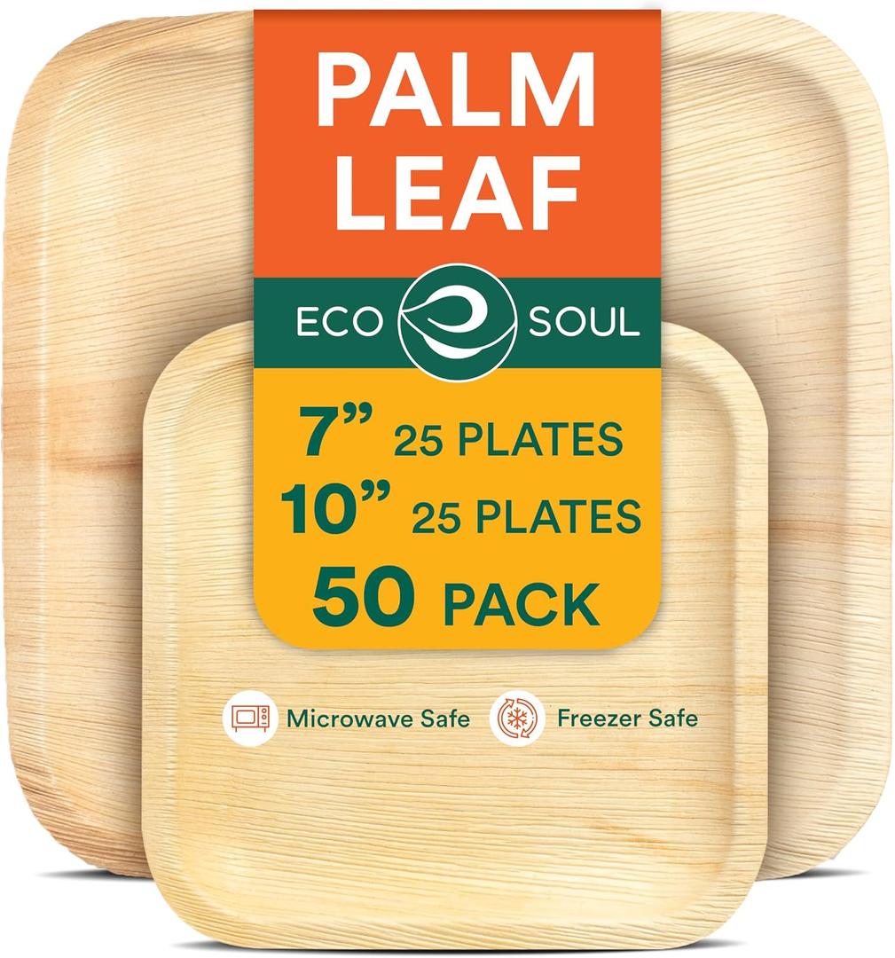 ECO SOUL 7 & 10 Inch Disposable Bamboo Bundle Plates (50 Pack), Large