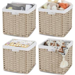 Bidtakay Wicker Storage Baskets for Organizing 4-Pack Hand-Woven Imitation Wicker Cube Storage Bins with Liners for Shelves Closet Cabinet 11x11 Waterproof Cube Organizer for Pantry-Greyish Beige