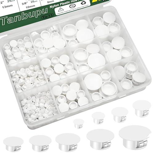 Tanbupu 200Pcs 9 Sizes Nylon Plastic Hole Plugs 1/5" 1/4" 5/16" 3/8" 1/2" 5/8" 3/4" 7/8" 1"Round Hole, Flush Type Panel Knockout Locking Plugs,Screw Covers for Furniture Cabinet Insert End Caps(white)
