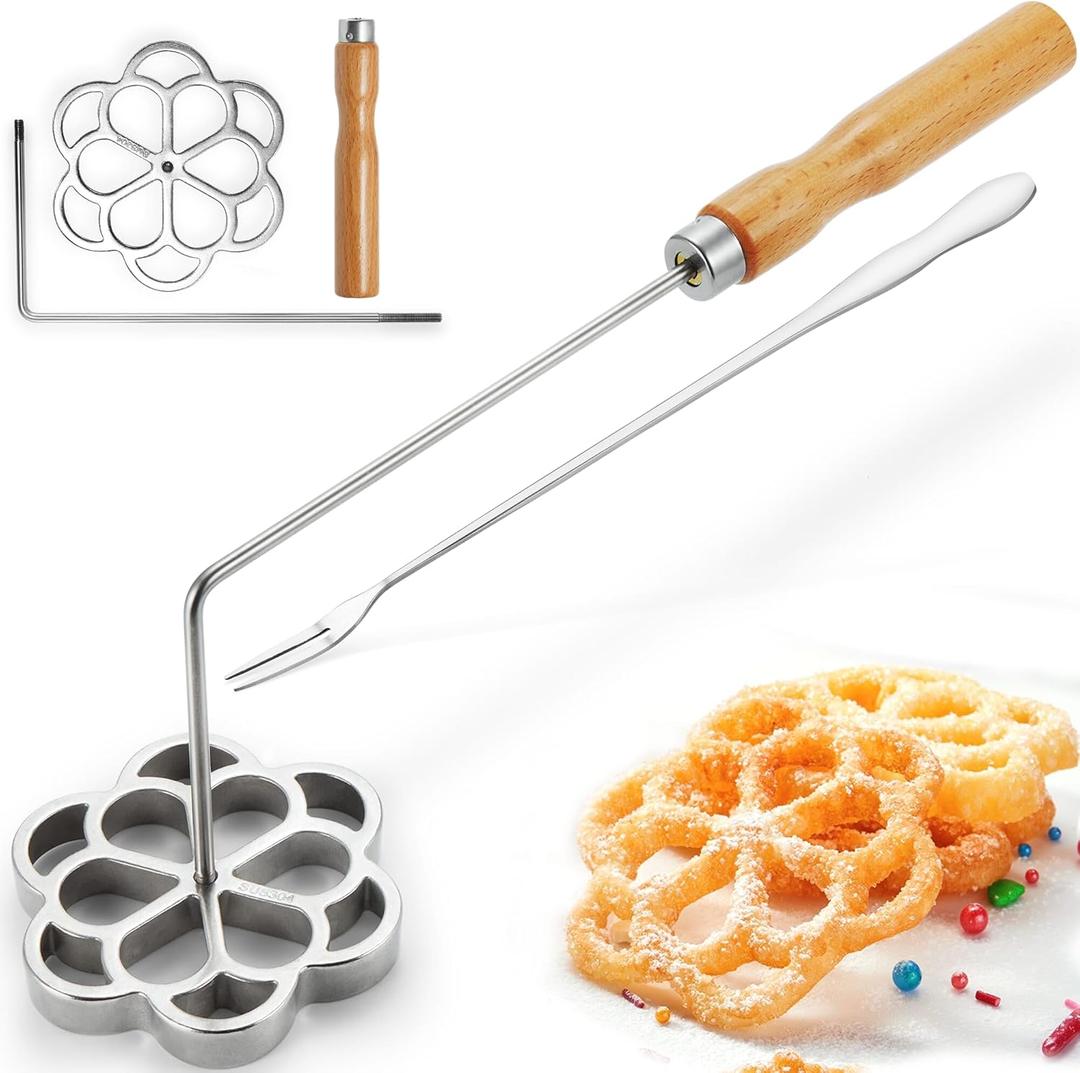 Bunuelos Mold with Handle, 304 Stainless steel Rosette Maker with Long Fork- 4" Molde Para Buuelos de Viento Moldes Mexicanos, Rosette Mold Tools Set for Kitchen Cooking (large)