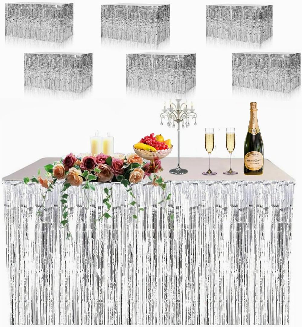 6 Pack Metallic Foil Fringe Tinsel Table Skirt, antfees 29.5''x108'' Disposable Party Table Skirt Banner for Rectangle Tables, Wedding, Birthday, Parade Floats, Party Decoration (Silver)