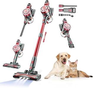 WLOTPO Cordless Vacuum Cleaner for Home, Lightweight Stick Vacuum Cordless Rechargeable with Power Suction, Up to 35 Mins Runtime, Hardwood Floor Vacuum for Pet Hair, Carpets, Tile(Light Red)