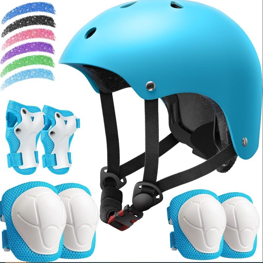 Kids Bike Helmet Set, Adjustable Helmet for  Boys Girls, Toddler Pad Set with Knee and Elbow Pads for Bike, Roller, Skating, Scooter, Longboard and More Sports M: 21.3"-22.4"/8-14 years old