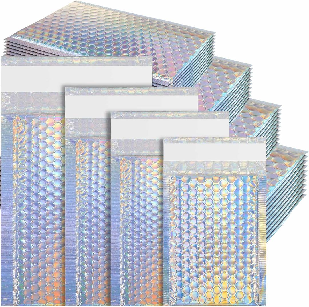 Henoyso 100 Pcs Bubble Mailer 4 Sizes Self Adhesive Waterproof Padded Envelopes Cushioning Seal Bubble Shipping Envelopes for Mailing Packaging Small Business Packing Supplies (Laser)