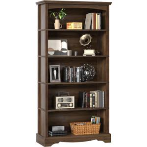 TVU 5-Tier Wooden Bookshelf, 31.5" W x 65" H 9.9" D Bookshelf with Storage, Floor Standing Modern Style Display Bookcase for Living Room, Office, Study Room, Entryway, Brown
