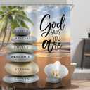 AMBZEK Beach Zen Stone Bible Verse Shower Curtain 60Wx72L Inch Ocean Sea Tropical Palm Tree Scripture Spa Lotus Quotes Artwork Cloth Fabric Waterproof Polyester Bathroom Decor Set with 12 Pack Hooks