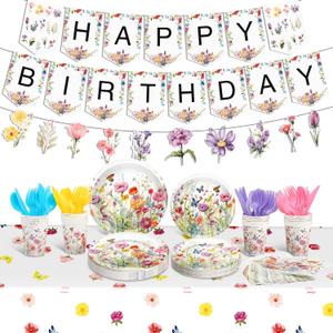 Blueweenly 173 Pcs Wildflower Birthday Party Decorations Wildflower Tablecloth Flower Happy Birthday Banner Disposable Plates Napkins Tableware Set for Spring Summer Baby Shower Party Decorations