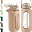 SIEROZUR 64oz Glass Water Bottle with Straw and Handle Lid Half Gallon Motivational Glass Bottle with Silicone Sleeve and Time Marker Large Reusable Sports Water Jug for Gym Home Workout (Amber)