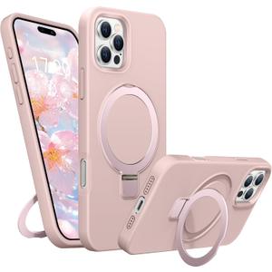 Liquid Silicone Case for iPhone 16 Pro Max with Magnetic Ring Stand, Military Grade Shockproof Protection, Anti-Scratch Microfiber Lining Covers for iPhone 16 Pro Max, Pink