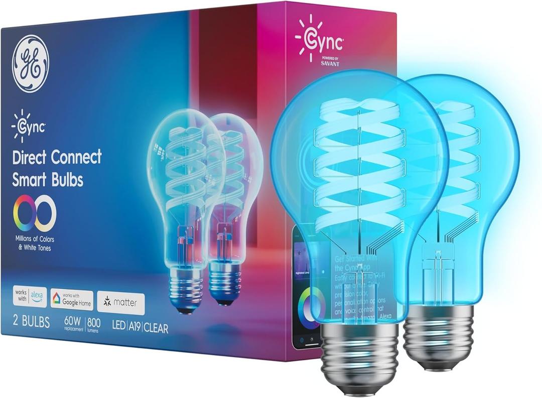 Cync GE A19 Direct Connect LED Light Bulb, Color Changing Smart Light, Matter Compatible, Compatible with Alexa and Google Home (2-Pack)