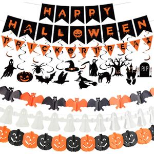 Halloween Decorations Indoor Party Decor, HAPPY HALLOWEEN Accessories with TRICK OR TREAT Banner, 3 PCS Large Garland Bat Ghost Pumpkin, Hanging Party Supplies Backdrop for Home Office Classroom