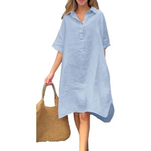 Chouyatou Women's Summer Casual Linen Beach Tunic Dress Loose High Low Midi Long Polo T Shirt Dress (Blue) Small