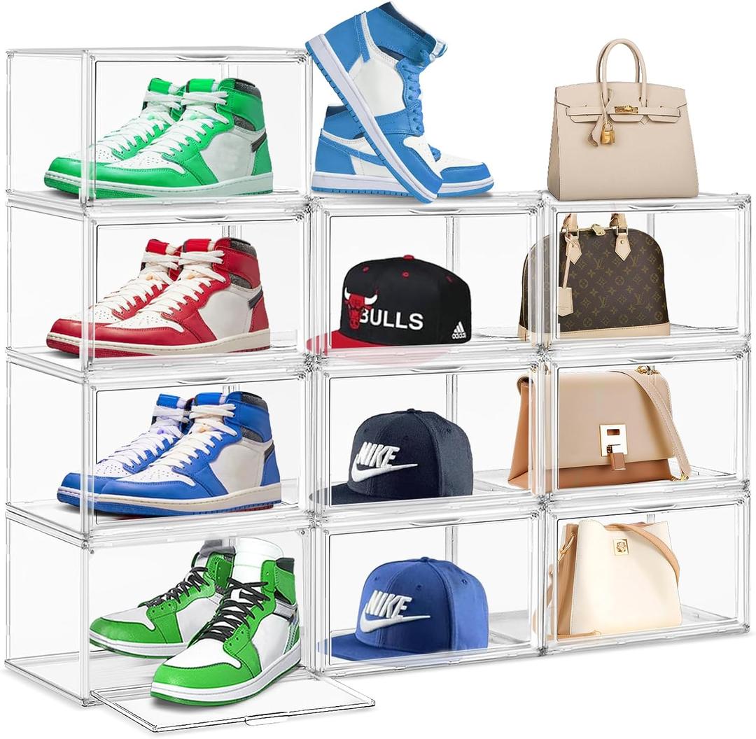 10 Pack Acrylic Shoe Storage Box Clear Plastic Stackable Acrylic Display Case with Magnetic Door Sneaker Storage for Sneakerheads Large Hat Shoe Boxes, Fit up to US Size 14