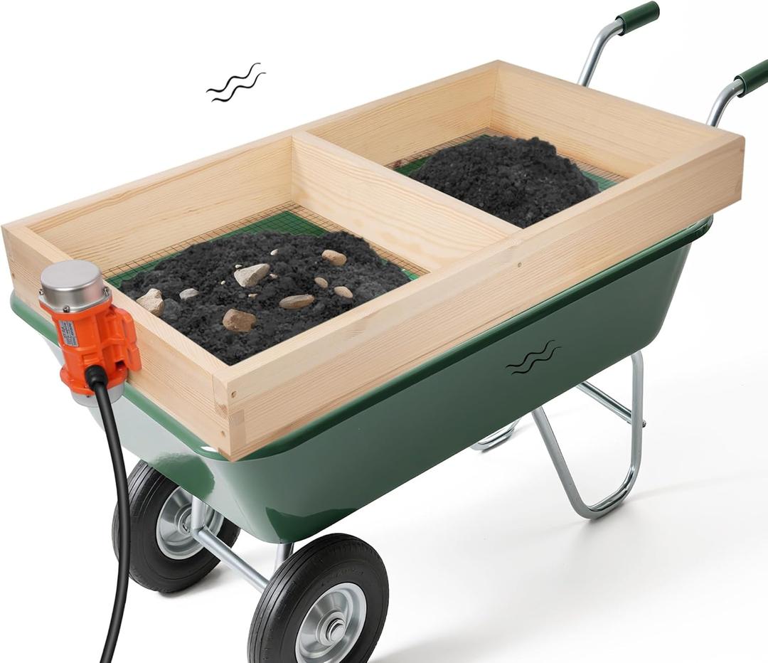 TlEBOLA Soil Sifter with 40W Adjustable Vibration Motor and Dual Mesh Sizes, 39" x 19.5" Wooden Automatic Compost Sieve for Dirt, Sand -Two Built-in Screens (0.47" & 0.24") Fit Most Wheelbarrows (EXP 07/29/26)