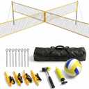 4 Square Volleyball Net Set with 3 Adjustable Heights, 14FT Cross PE System, Use in Backyard or Beach, Includes Ball, Pump, Carry Bag, Hammer, Outdoor Team Games, Black/Red