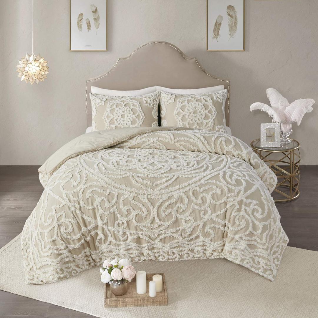 Madison Park Laetitia Comforter Bohemian Tufted Cotton Chenille, Medallion Shabby Chic All Season Down Alternative Bed Set with Matching Shams, Floral Taupe Full/Queen(90"x90") 3 Piece