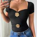 SOLY HUX Women's T Shirt Metal Flower Sweetheart Neck Short Sleeve Ruched Tee Slim Fit Going Out Summer Tops (Black, L)