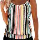 MODLILY Tummy Control Tankini Swimsuits for Women, Lightweight Bathing Suits Blouson Top with Boyshorts (Rainbow Striped, L)