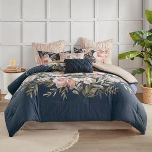 Madison Park Comforter Set, Floral King Size Comforter Sets, Cotton Bedding Comforters, Microfiber Reverse, All Seasons Lightweight Bed Set, Bedskirt, Throw Pillows, Camillia, King Navy 8 Piece