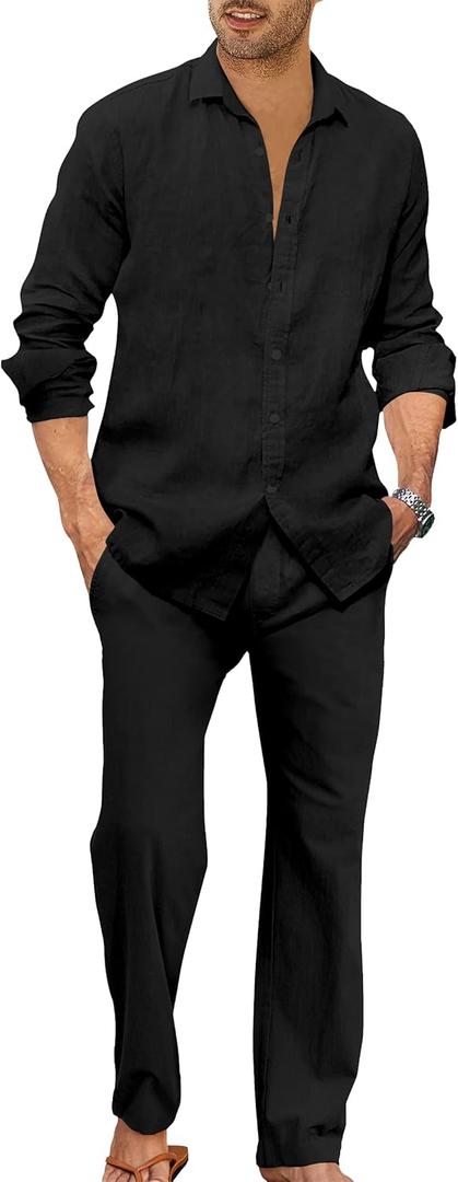 Ryannology Men 2 Piece Linen Set Outfits Drawstring Long Pants Button Down Roll Up Sleeve Shirts Beach Wedding Suit Sets (X-Large, Black)
