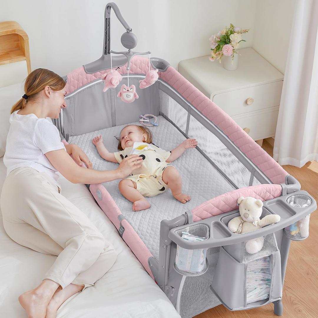 ADOVEL Baby Bassinet Bedside Crib, Pack and Play with Mattress, Diaper Changer and Playards from Newborn to Toddles, Pink