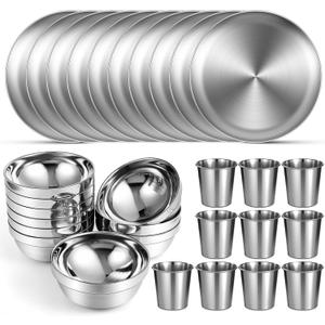 Sunnyray 10 Sets Stainless Steel Plates Bowls and Cups 304 Metal Camping Stainless Steel Dinnerware for Serving Reusable Double Walled Insulated Plates Bowls and Cups for Rice Ice Cream